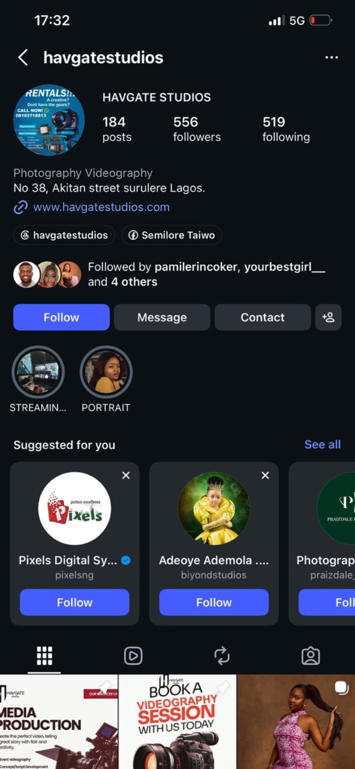 Screenshot of Havgate Studios Instagram profile