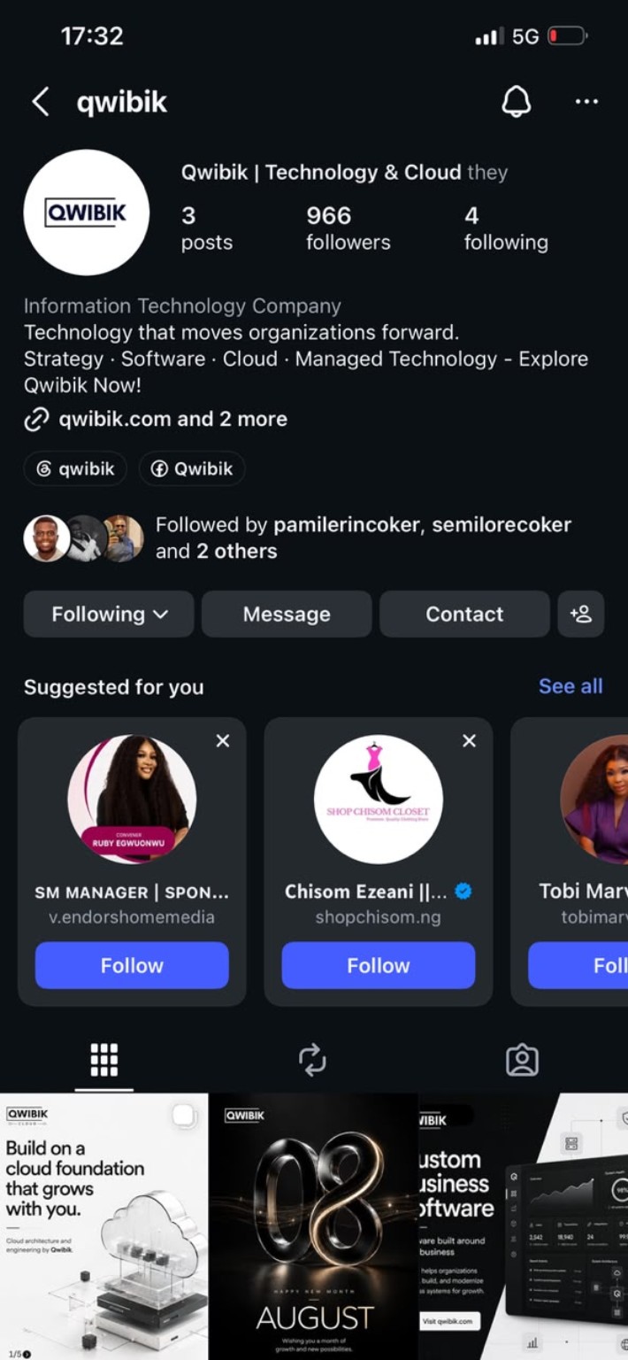 Screenshot of Qwibik Instagram profile