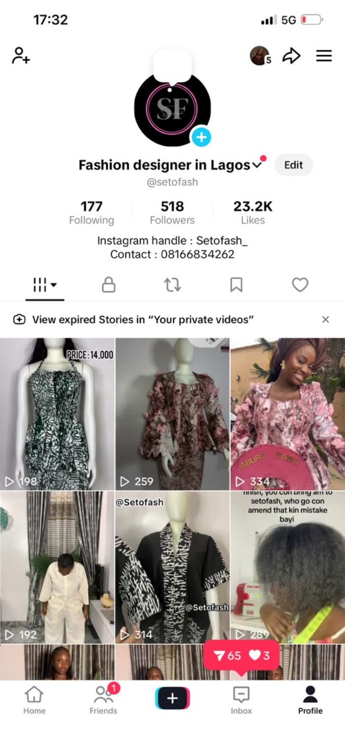 Screenshot of Setofash TikTok profile
